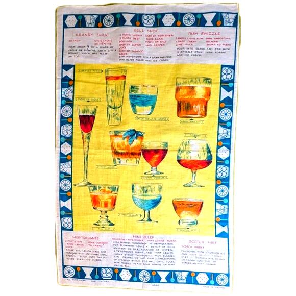 Vtg Irish Linen 1960s Retro NOS Bar Cocktail Recipes Towel Wall Hanger By Ulster - Picture 1 of 11